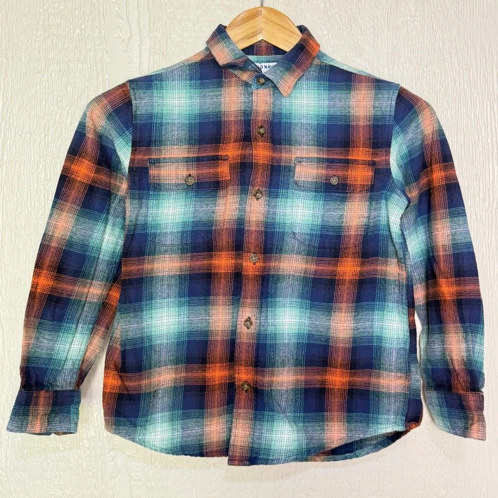 Old Navy Boys Blue Orange Plaid Flannel Button Down Shirt L 10-12 Soft!